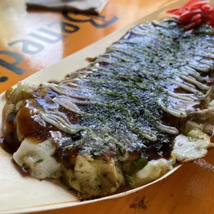 Vegetarian Okonomiyaki with Cheese add-on, no bonito flakes requested