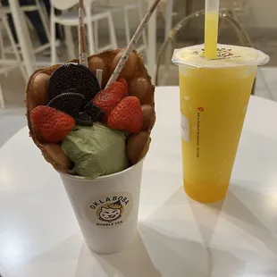 Waffle Sundae with matcha ice cream and mango slushie