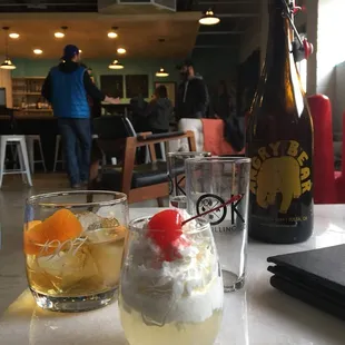 This is a root beer float, pre-stir. I forgot what the other drink is. I assume something manly. Ha.