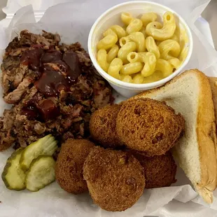 Chopped brisket, hpuppies and Mac &amp; cheese