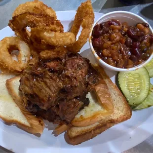 Burnt End Dinner with BBQ Beans and Onion Rings