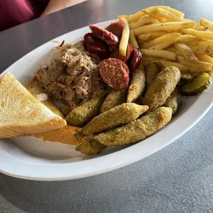 shredded pork, hot link, fries, and fried okra