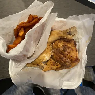 Smoked Chicken Dinner with Sweet Potato Fries