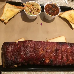 Our full slab dinner with spicy slaw and beans.