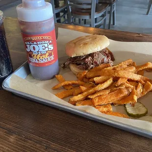 Brisket sandwich with sweet potato fries