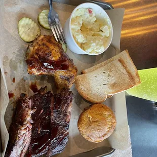 Ribs and chicken meal with Potato Salad and Cornbread