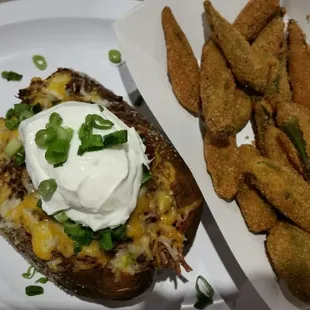 Chopped Brisket baked potato w/ whole fried Okra