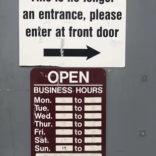 Side door/hours and phone number