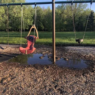 Swampy mess. Where it looks dry - it's not! You sink right in!  yes we even tried the other spots all were soaked.