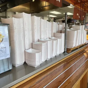a row of baskets on a counter