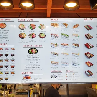 Sushi and sashimi menu