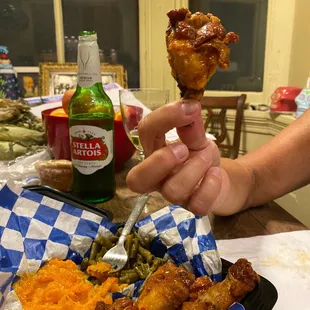 A juicy drumstick wing!  MMM. We chose sweet chili suave and it is mild w a little kick. Delicious.