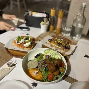 Fal iah Fel Bowl, sweet burrata (toast), the Orchard (toast)