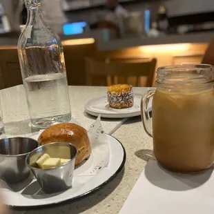 Grandmas scone, Coconut and DDL Alfajor, Iced Latte