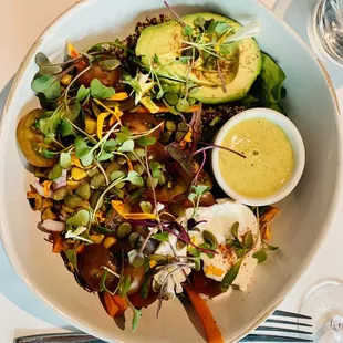 Quinoa Rainbow Salad with poached egg.