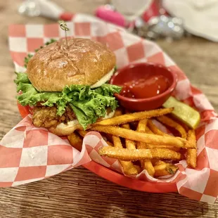 Chicken Fried Chicken Sandwich, sweet potato fries, pickle