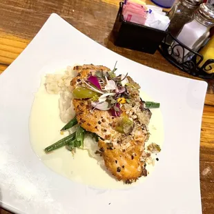 Apple &amp; Bacon Crusted Salmon with green beans and mash