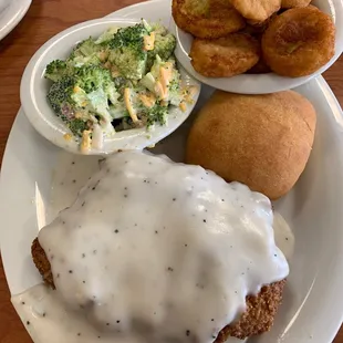 How about Cajun style chicken fried steak with andouille sausage gravy! Fried zucchini and a broccoli salad.