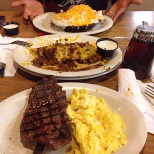 Frog fries, steak and eggs, and a skillet