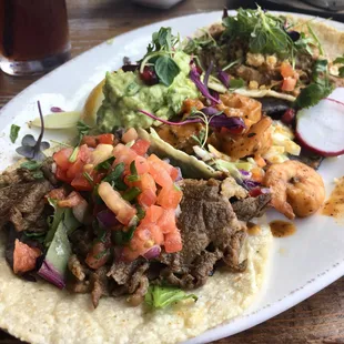 3 tacos, Kalbi short rib, blackened shrimp and carnitas