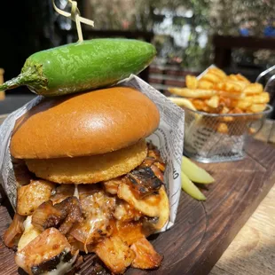 Pork belly burger and fries