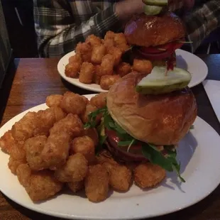 Olaf&apos;s burger and fresh tots. PERFECTION