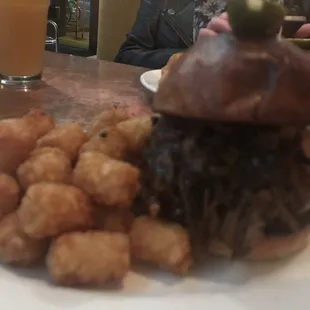 BBQ pork sandwich &amp; tots - spicy with jalepenos