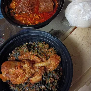 Efo Riro with Chicken and more Egusi. The. Efo was very good. The Egusi was drowned in Palm Oil. Not good. Smaller Portion too.