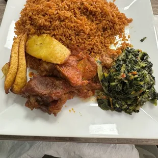 Chicken, Jollof Rice, Spinach, and Plantain.