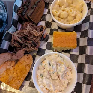 Brisket, pork, turkey, potato salad, cornbread, Mac and cheese.
