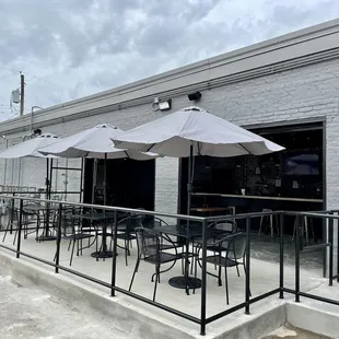 patio area with tables and umbrellas