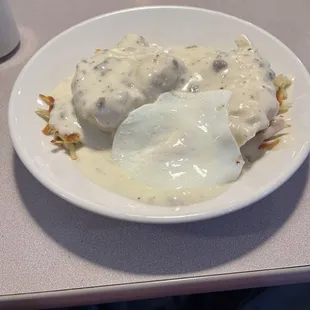 Thursday special Hash Browns, Biscuit and Gravy and egg for only $8