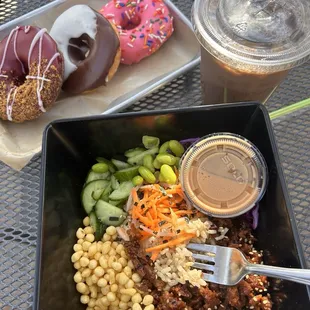 An iced coffee just tasted like sugar, water, coffee, and lacked coffee depth. Korean bowl tasty but short on portions and too much rice.