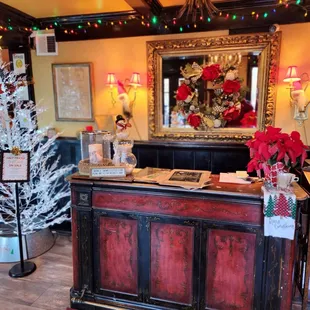 Front desk of the Old Anglers Inn. Beautiful for Christmas.