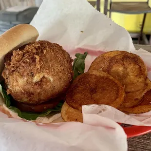 Softshell Crab Cake Sandwich and kettle chips