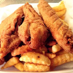 Trout Dinner--2 pc. (although I received 3) of trout w/ fries, coleslaw and hushpuppies ($6.25)