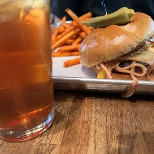 The District burger with sweet potato fries.