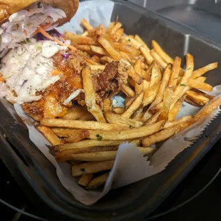 The Hot Honey Chicken Sandwich with fries.