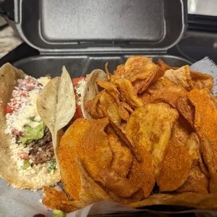 Tacos Peligro and house made chips