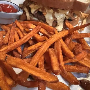 The American dream burger with the best sweet potato fries ever!