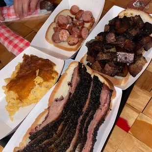 Brisket, burnt ends, mac and cheese, jalapeño cheddar brat