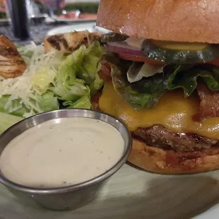 Juicy burger with bacon and cheese! Yummy!