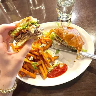 sweet potato fries and the blue cheese burger