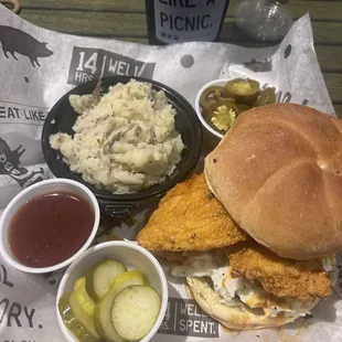 Sliced brisket sandwich, bbq bowl and Nashville Hot Sandwich