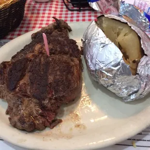 a steak and a baked potato on a plate