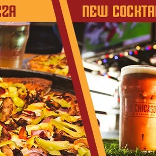 a slice of pizza and a glass of beer