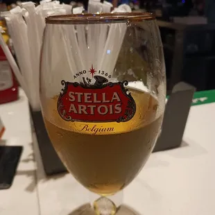A nice cold Stella Artois in a proper chalice.