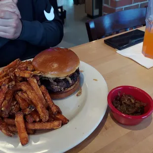 Crafted beer burger with sweet potato fries