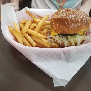 a hamburger and fries