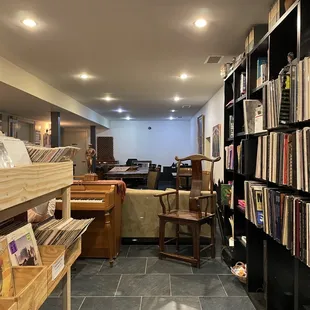 a room with bookshelves